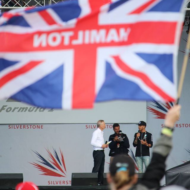 Lewis Hamilton on the Silverstone stage after today's victory...
